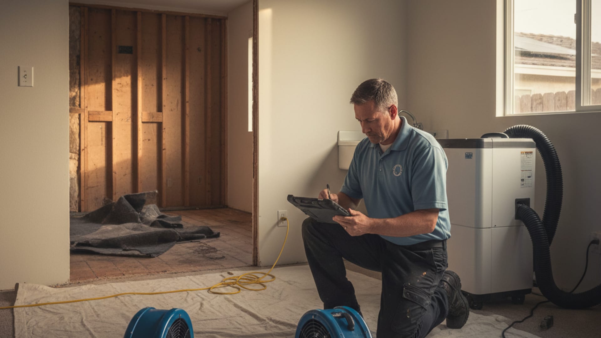 A technician checking moisture in an interior wall