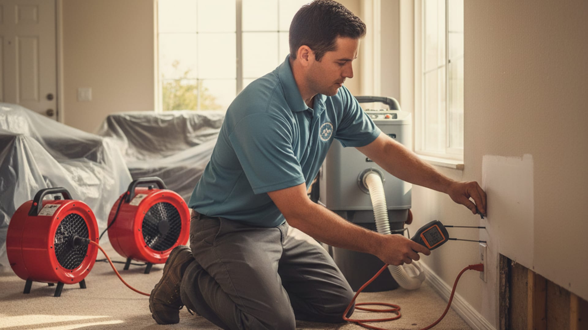 A technician checking moisture in a water-damaged room