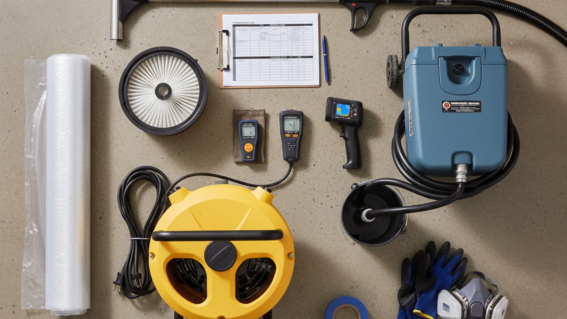 Overhead flat-lay of professional restoration equipment, air movers, dehumidifier, moisture meter, and HEPA scrubber on a clean work surface