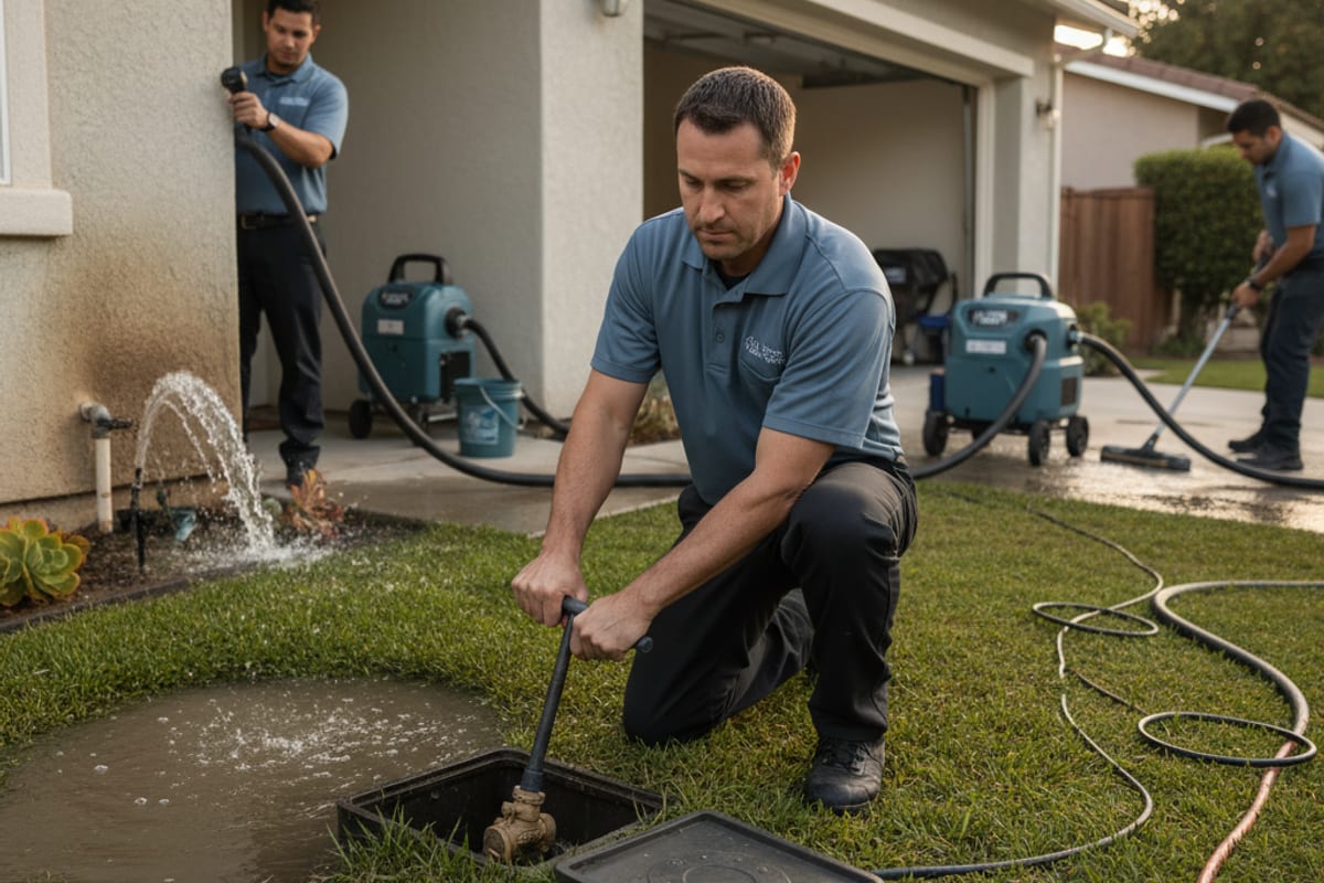 Homeowner closing a main water shutoff valve on a residential water meter during a pipe burst