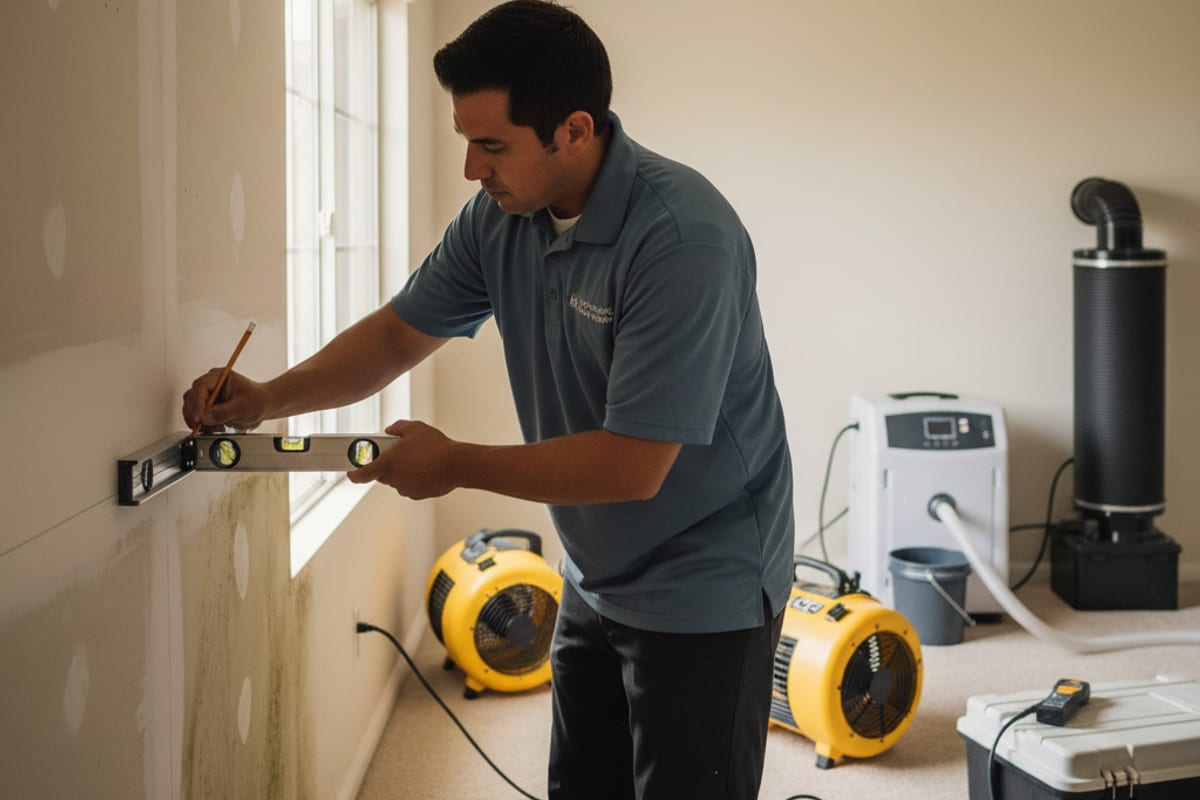 Restoration technician marking a flood cut line on water-damaged drywall before removal