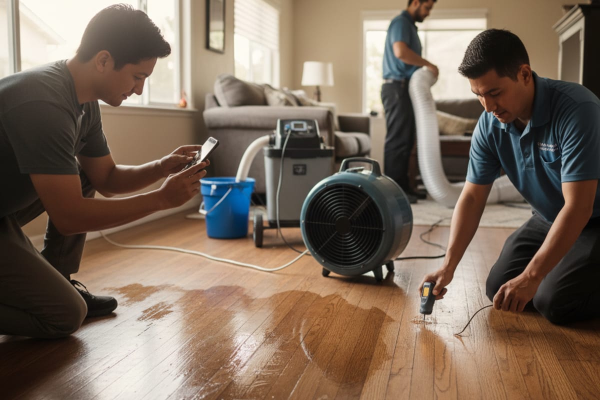 Homeowner photographing water damage on a hardwood floor with a phone for an insurance claim