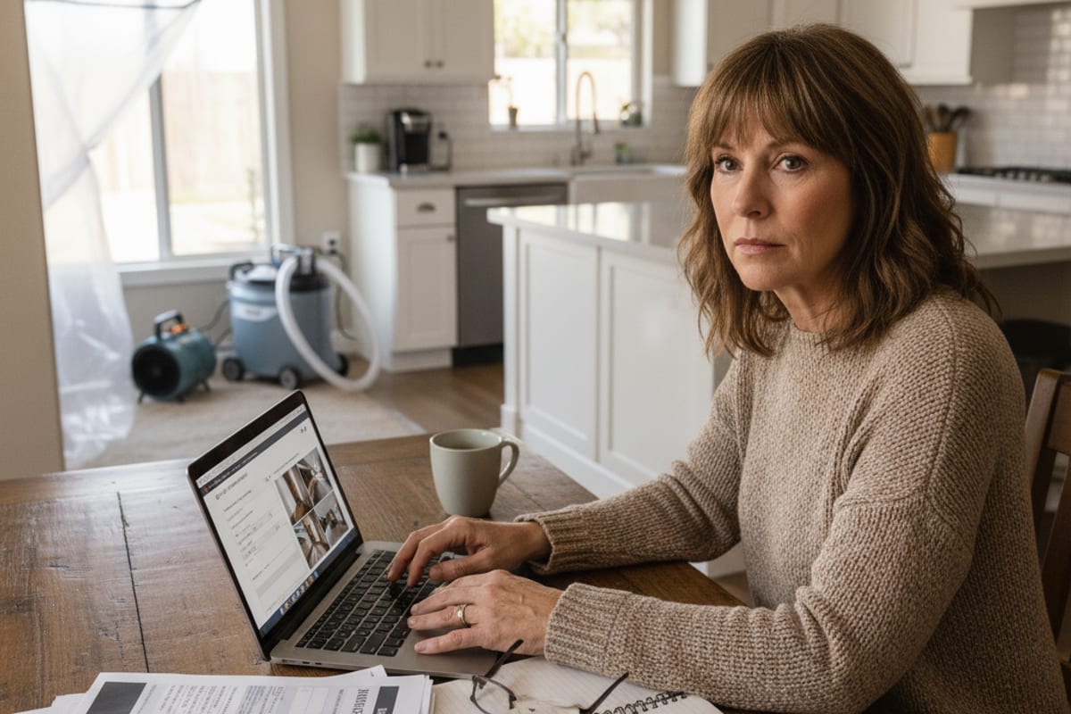 Homeowner reviewing insurance documents and water damage photos at a kitchen table with a laptop