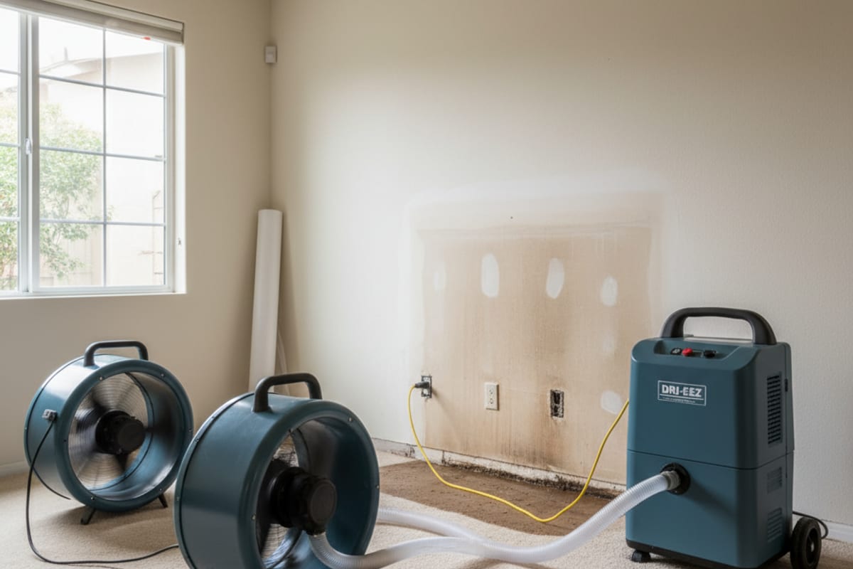 Air movers and a dehumidifier set up to dry a wet floor and wall after a residential water leak
