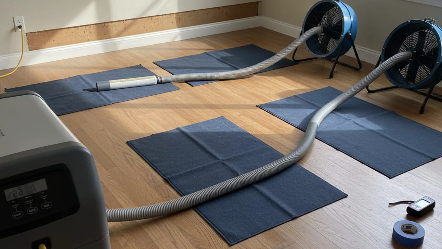 Air movers and dark drying mats on a hardwood floor, with a dehumidifier in the foreground
